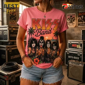 KISS Band Pink Retro Sunset T-Shirt 5 Pink t-shirt featuring a vintage-style graphic of the band KISS with palm trees, a sunset, and hibiscus flowers.!