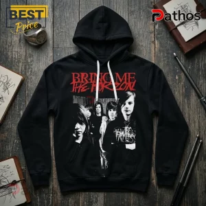 Bring Me The Horizon Post Human Nex Gen 2026 Tour Black Hoodie 2 Black cotton hoodie featuring a red Bring Me The Horizon text logo and a monochrome band photograph on a wooden surface.!