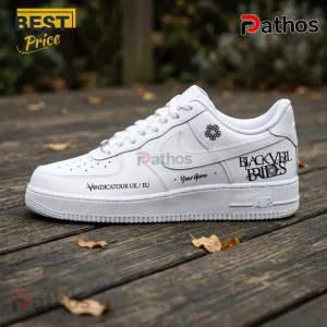 Black Veil Brides Vindicatour UK Tour 2026 White Air Force 1 Sneakers 1 Custom white leather sneaker featuring Black Veil Brides logo, Vindicatour UK/EU text, and personalized name section.!