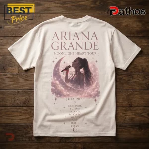 Off-white t-shirt featuring Ariana Grande Moonlight Heart Tour graphics, crescent moon illustration, and tour city list.!
