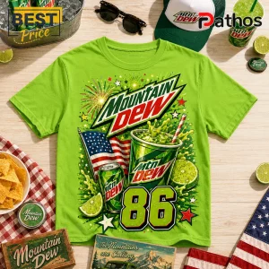 Mountain Dew 1940-2026 Anniversary Green T-Shirt 1 Neon green crewneck t-shirt featuring Mountain Dew branding, American flag, fireworks, lime slices, and the number 86.!