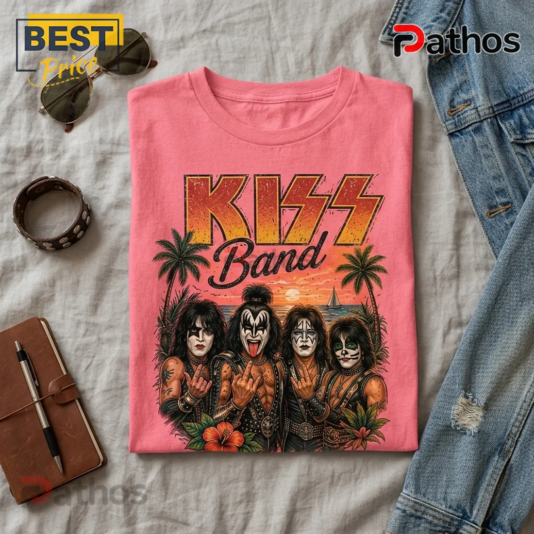 KISS Band Pink Retro Sunset T-Shirt KISS Band Pink Retro Sunset T-Shirt