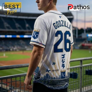 Kansas City Royals x Godzilla Minus One baseball jersey featuring blue KC logo, Godzilla text, and stadium skyline graphic.