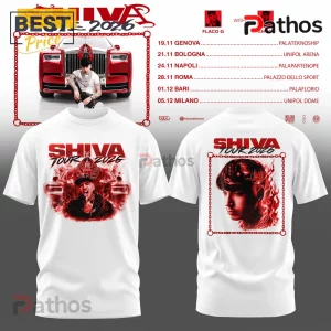White graphic t-shirt featuring Shiva Tour 2026 branding, red artistic portraits, and flaming car motifs on front and back.!