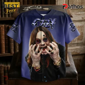 Ozzy Osbourne button-down baseball jersey in blue with galaxy-patterned text and an image of the artist on the front.!