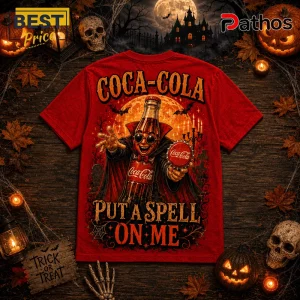 Coca-Cola Witch Bottle Halloween Red T-Shirt 2 Coca-Cola Witch Bottle Halloween Red T-Shirt featuring a vampire bottle character with text reading Put A Spell On Me.