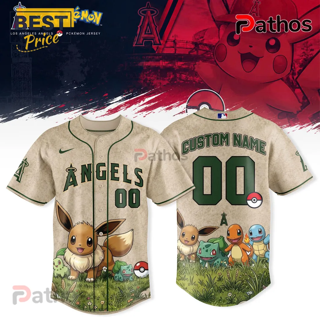 Los Angeles Angels Pokemon Pikachu Eevee Custom Baseball Jersey Los Angeles Angels Pokemon Pikachu Eevee Custom Baseball Jersey