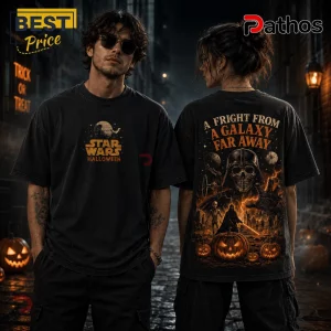 Black vintage-wash t-shirt with Star Wars Halloween graphic, featuring Darth Vader skull and pumpkins on the back.!
