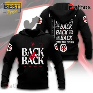Black Stade Toulousain rugby hoodie featuring Back to Back championship text, red accents, and official team logos.!