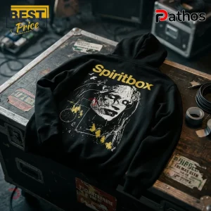 Black cotton hoodie featuring Spiritbox band logo in yellow and a white graphic print of a face on the back.!