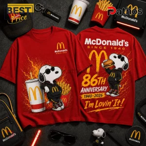 McDonalds Snoopy 86th Anniversary Red T-Shirt displaying Snoopy in sunglasses, McDonald's branding, and fiery graphics.
