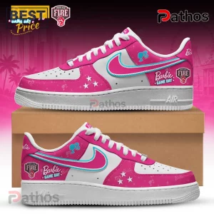 Barbie x Portland Fire WNBA 2026 Custom Air Force 1 sneakers in pink and white with basketball logos on a cardboard box.