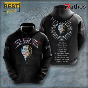 Black hoodie featuring The Eagles band logo and a bird skull graphic with 50th anniversary text and tracklist on the back.!