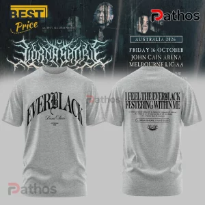 Lorna Shore Everblack Australia 2026 Tour T-Shirt 2 Grey Lorna Shore band t-shirt showing Everblack text on front and tracklist with deathcore logo on back.!