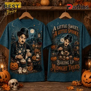 Charlie Chaplin Halloween Midnight Treats Blue T-Shirt 2 Charlie Chaplin Halloween Midnight Treats blue t-shirt displaying cinematic graphics of Chaplin decorating cupcakes.