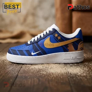 France Soccer World Cup 2026 Blue Custom AF1 Sneakers 2 Custom Nike Air Force 1 sneaker featuring blue striped leather, a gold swoosh, two gold stars, and a rooster graphic.!