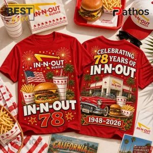 Red In-N-Out Burger anniversary t-shirt featuring double cheeseburger, fries, milkshake, palm trees, and 78th year graphic.!