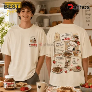 Nutella Snoopy Recipe Illustrated Cream T-Shirt 3 Cream colored cotton t-shirt with Snoopy graphic, Nutella logo, toast recipe print, and strawberry illustrations on back.!