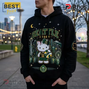 Seattle Storm x Hello Kitty black pullover hoodie featuring a city skyline, basketball graphic, and starry night print.