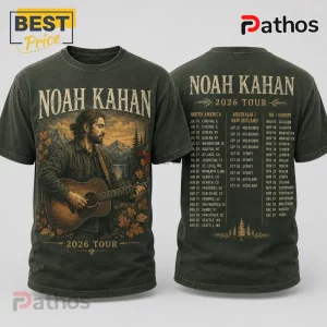 Noah Kahan 2026 Tour Vintage Wash T-Shirt 1 Noah Kahan 2026 Tour Vintage Wash T-Shirt featuring a graphic of the artist playing guitar in a mountain forest scene.