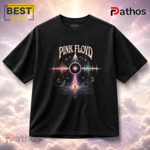 Pink Floyd Echoes In The Sky Black T-Shirt 2 Pink Floyd Echoes In The Sky black t-shirt featuring a central cosmic sound wave graphic and a silhouette figure.