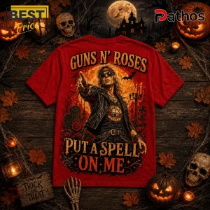 Guns N Roses Spooky Season Red T-Shirt 2 Guns N Roses Spooky Season red t-shirt featuring Axl Rose graphic, pumpkins, skulls, and gothic horror typography.