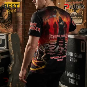 Iron Maiden Run For Your Lives 2026 Tour T-shirt featuring a grim reaper graphic, world tour dates, and black fabric.