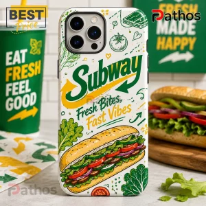Subway branded iPhone case with illustrated sandwich and Fresh Bites Fast Vibes text on white background.!