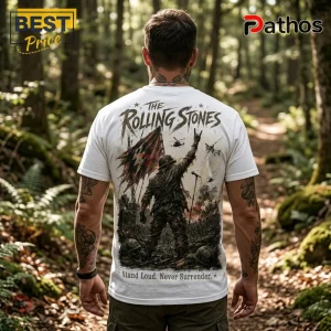 White t-shirt showing back print of The Rolling Stones logo with soldier holding flag and metal hand gesture in a war zone.!