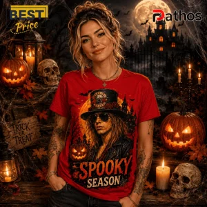 Guns N Roses Spooky Season Red T-Shirt 3 Guns N Roses Spooky Season Red T-Shirt worn by a woman against a dark Halloween background with jack-o'-lanterns and skulls.