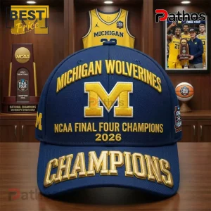 Michigan Wolverines navy blue cap with yellow embroidered M logo and 2026 NCAA Final Four Champions text on brim.!