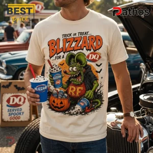Rat Fink DQ Blizzard Halloween T-Shirt 5 Rat Fink DQ Blizzard Halloween T-Shirt featuring a green monster holding a Dairy Queen cup and pumpkin bucket.