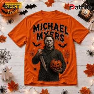 Michael Myers Halloween Orange T-Shirt 2026 1 Michael Myers Halloween Orange T-Shirt 2026 featuring the horror icon with a knife and jack-o'-lantern illustration.