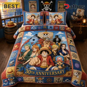 One Piece Straw Hat Pirates 30th Anniversary Quilt Set 3 One Piece Straw Hat Pirates 30th Anniversary Quilt Set featuring Monkey D. Luffy and crew members on a blue patterned bed.