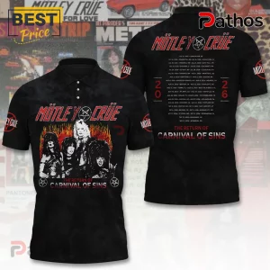 Motley Crue Carnival of Sins 2026 Tour black polo shirt featuring a band graphic on the front and tour dates on the back.