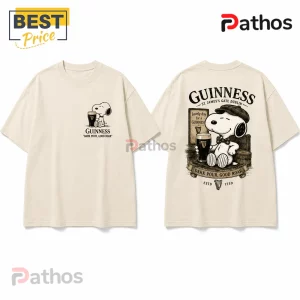 Guinness x Snoopy Vintage Cream T-Shirt 4 Cream colored cotton t-shirt with Snoopy cartoon drinking a Guinness stout, featuring text Dark Pour, Good Roar.!