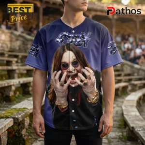 Purple button-up baseball jersey featuring a large portrait of Ozzy Osbourne with hands near his face and band logos.!
