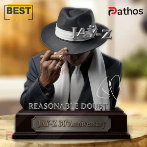 Jay-Z Reasonable Doubt 30th anniversary resin bust wearing a black fedora and holding a lit cigar on a mahogany base.!