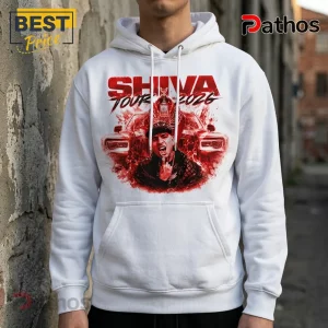 White hoodie with red graphic of rapper Shiva, a luxury car, and text Shiva Tour 2026 on the chest.!