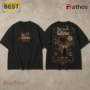 The Godfather Halloween An Offer You Can Not Out-Scream T-Shirt 2 Black cotton t-shirt featuring The Godfather logo, a rose, Halloween pumpkins, a full moon, and text Can't Out-Scream.!