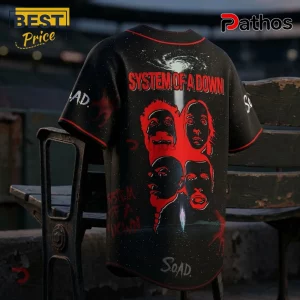 System Of A Down Faith No More Tour Black Baseball Jersey 1 System Of A Down Faith No More Tour black baseball jersey featuring band member portraits in red on a space-themed background.