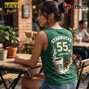 Starbucks 55th Anniversary Green V-Neck Tank Top 4 Starbucks 55th Anniversary Green V-Neck Tank Top featuring back graphic of coffee cups, roasted beans, and logo text.
