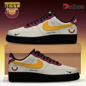 PWHL Hamilton Custom Air Force 1 Sneakers featuring cream leather, gold swoosh, maroon accents, and Hamilton logo.