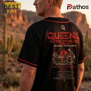 Queens of the Stone Age Desert Rock Baseball Jersey 3 Black baseball jersey with red trim and Queens of the Stone Age tour graphic featuring a skeleton and desert landscape.!