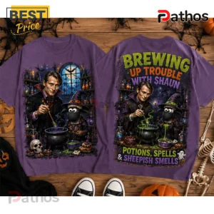 Mads Mikkelsen x Shaun The Sheep Purple Halloween T-Shirt featuring a potion brewing scene on a wood plank background.