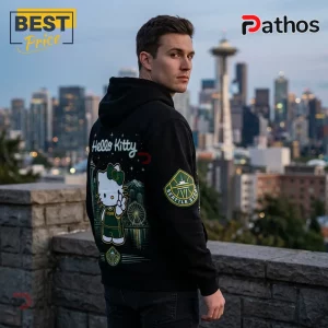 Seattle Storm x Hello Kitty Black Pullover Hoodie featuring back graphics of Hello Kitty in a jersey with Seattle skyline.