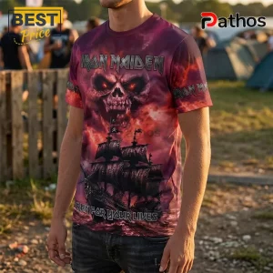Iron Maiden 2026 World Tour Red Lightning T-Shirt 2 Iron Maiden graphic t-shirt featuring a flaming skull, galleon ship, and Run for Your Lives text in red and purple tones.!