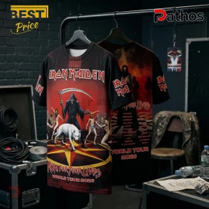 Iron Maiden Run For Your Lives 2026 Tour T-Shirt featuring a reaper, white wolf, and international tour dates on black fabric.