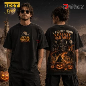 Black vintage-wash t-shirt with Star Wars Halloween graphic, featuring Darth Vader skull and pumpkins on the back.!