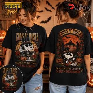 Guns N Roses x Snoopy Welcome To The Jungle T-Shirt featuring cartoon Snoopy in a top hat, guitar, and pumpkins on black.